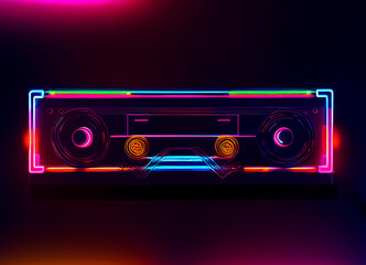 Poster - Beautiful Audio cassette tape in neon light.Minimalism retro style concept. 80s. Background pattern for design.	
