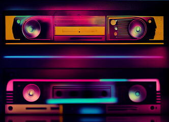 Poster - Beautiful Audio cassette tape in neon light.Minimalism retro style concept. 80s. Background pattern for design.	