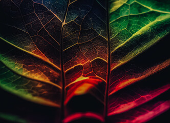 Poster - Close up Beautiful abstract leaf in colorful light. Minimalism modern style concept. Dark Background pattern for design.	