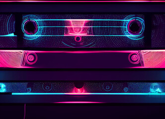 Poster - Beautiful Audio cassette tape in neon light.Minimalism retro style concept. 80s. Background pattern for design.	