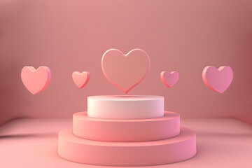 Wall Mural - Pink podium with flying hearts. The concept of wedding and Valentine's day. 3d rendering.