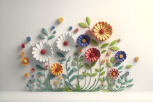 3d Floral Craft Wallpaper. Orange, Rose, Green And Yellow Flowers In Light Background. For Kids Room Wall Decor.