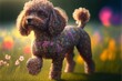 Junger Hundepudel im Freien mit Sonnenlicht und Blumen Wiese, ai generativ 