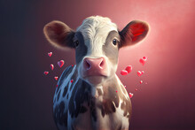 Cow In Love, Postcard For 14 February - Valentine’s Day. Generative Ai