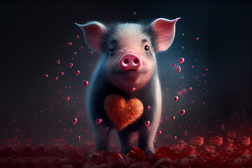 Wall Mural - baby pig in love, postcard for Valentine's day. Generative Ai