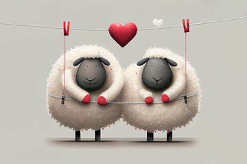 couple of sheeps in love, postcard for 14th february. Generative Ai