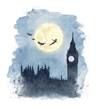 Watercolor Flying Silhouettes Of Peter Pan And Children Of London Tower Big Ben And Westminster Palace In Moon Night  Isolated On White Background. Hand Drawn Illustration Sketch