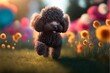 Junger Hundepudel im Freien mit Sonnenlicht und Blumen Wiese, ai generativ 