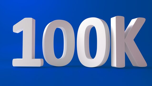 100K Followers. Achievement in 100K followers.100 000 followers background. Congratulating networking thanks, net friends abstract image, customers. 3d rendering. Isolated like and thumbs. Web banner.