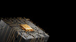 © LAYHONG - Gold Ai chipset on circuit board working on data analysis in futuristic concept suitable for future technology artwork , Background or web banner. 3d render