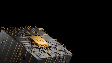 Fototapete - Gold Ai chipset on circuit board working on data analysis in futuristic concept suitable for future technology artwork , Background or web banner. 3d render