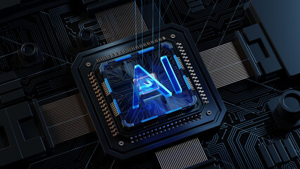 Fototapete - 3D rendering of cyberpunk AI. Circuit board. Technology background. Central Computer Processors CPU and GPU concept. Motherboard digital chip. Tech science background.