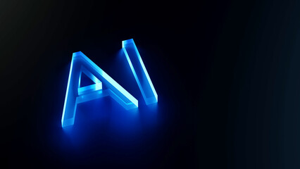 Fototapete - Artificial intelligence Glowing 3d Ai blue glass in black background. 3d rendering