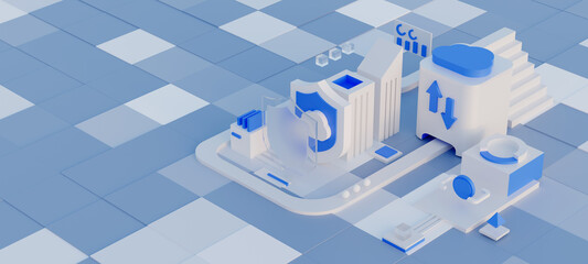 Fototapete - Cloud storage for downloading an isometric. A digital service or application with data transmission. Network computing technologies. Futuristic Server. Digital space. Data storage. 3d render