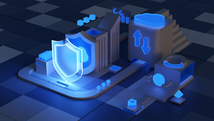 Fototapete - Cloud storage for downloading an isometric. A digital service or application with data transmission. Network computing technologies. Futuristic Server. Digital space. Data storage. 3d render