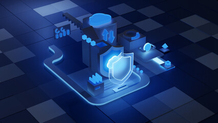 Poster - Cloud storage for downloading an isometric. A digital service or application with data transmission. Network computing technologies. Futuristic Server. Digital space. Data storage. 3d render