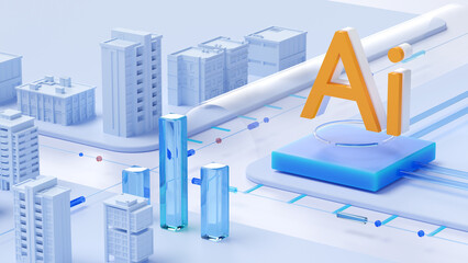 Fototapete - Ai, artificial intelligence technology smart city. 3d rendering