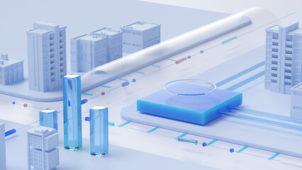 Fototapete - Digital smart city and abstract crystal glass connection, big data connection technology concept . 3d rendering