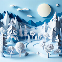 Wall Mural - Snowy Blue White Winter Christmas Paper Cut Landscape Card with Trees and Moon Generative AI Tools Technology illustration	