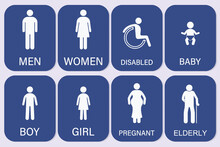 Men, Women, Disabled, Baby, Boy, Girl, Pregnant And Elderly Sign. Restroom Icon. WC Sign Vector.