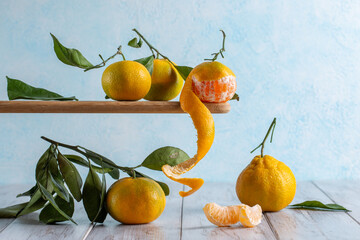 Wall Mural - Tangerines with leaves on blue background. Ripe orange mandarin fruits.