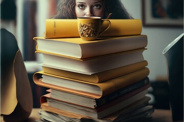 Wall Mural - an illustration of a woman is sitting on a stack of books with a cup of coffee in her mouth and a st