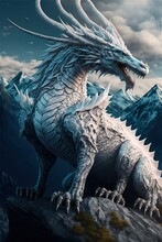 A Stunning White Dragon On A Mountain Top Whilst Overlooking The Surrounding Landscape.