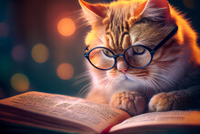 Intelligent Cat In Glasses Reading A Book, Ai Illustration
