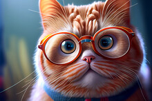 Portrait Of Intelligent Cat In Glasses, Ai Illustration