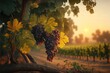 canvas print picture - a painting of a bunch of grapes hanging from a tree branch in a vineyard at sunset or dawn with the sun setting. Generative AI