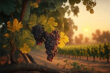 A Painting Of A Bunch Of Grapes Hanging From A Tree Branch In A Vineyard At Sunset Or Dawn With The Sun Setting. Generative AI