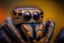 A Close Up Of A Spider With Big Eyes And A Black Nose And A Yellow Background With A Black Border.