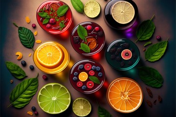 Wall Mural - a group of fruit and drinks with leaves around them on a table top with a black background and a black background.