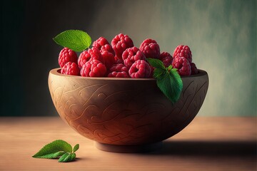 Sticker - a bowl of raspberries with a green leaf on a table top with a green background and a green leaf.