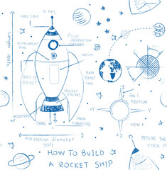 seamless kids space illustration drawn on by chalk on transparent background