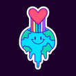 Melted earth planet with rainbow love inside cartoon, illustration for t-shirt, sticker, or apparel merchandise. With modern pop and retro style.
