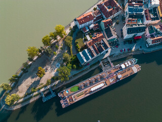 aerial view of Ortsspitze  with park by the three rivers conjunction, Donau, Ilz and Inn river in the old town of Passau, Passau, Germany