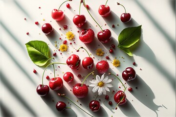 Wall Mural - a group of cherries and leaves on a white surface with a flower and a daisy on the side.