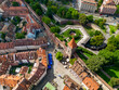 Aerial view of Tiergärtner torturm tower with the southern castle garden, the ancient city wall and medieval houses in the old city, Nuremberg , Germany