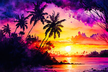 Tropical Sunset Watercolor Painting. Generative AI