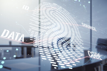 Aufkleber - Multi exposure of virtual fingerprint scan interface on a modern furnished office interior background, digital access concept