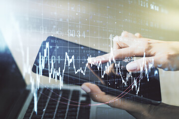 Poster - Multi exposure of abstract financial diagram and hand working with a digital tablet on background, banking and accounting concept