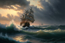 A Painting Of A Ship In The Ocean, Water, Storm, Art Illustration