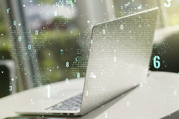 Poster - Abstract creative coding illustration with world map on modern computer background, international software development concept. Multiexposure