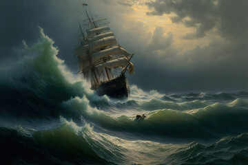 a painting of a ship in the ocean, water, storm, art illustration