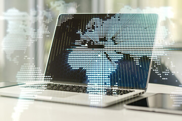 Poster - Multi exposure of abstract creative digital world map on modern laptop background, tourism and traveling concept
