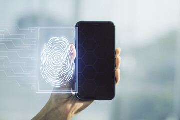 Aufkleber - Multi exposure of abstract creative fingerprint illustration and hand with phone on background, digital access concept