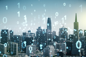 Aufkleber - Abstract virtual binary code illustration on San Francisco skyline background. Big data and coding concept. Multiexposure