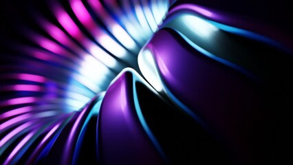 Poster - Purple and gray oscillating lines creating a tunnel. Design. A hole in the animation from which light ribbons depart in 3d format.