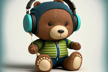 Poster - cartoon bear doll with a sports outfit and a headphone. Generative AI